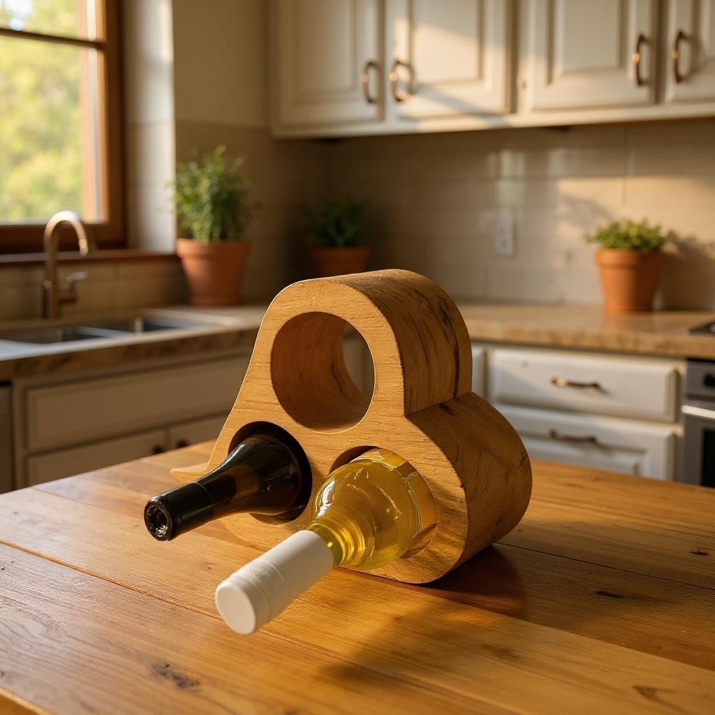 Wooden wine bottle holder with two bottles on a kitchen counter