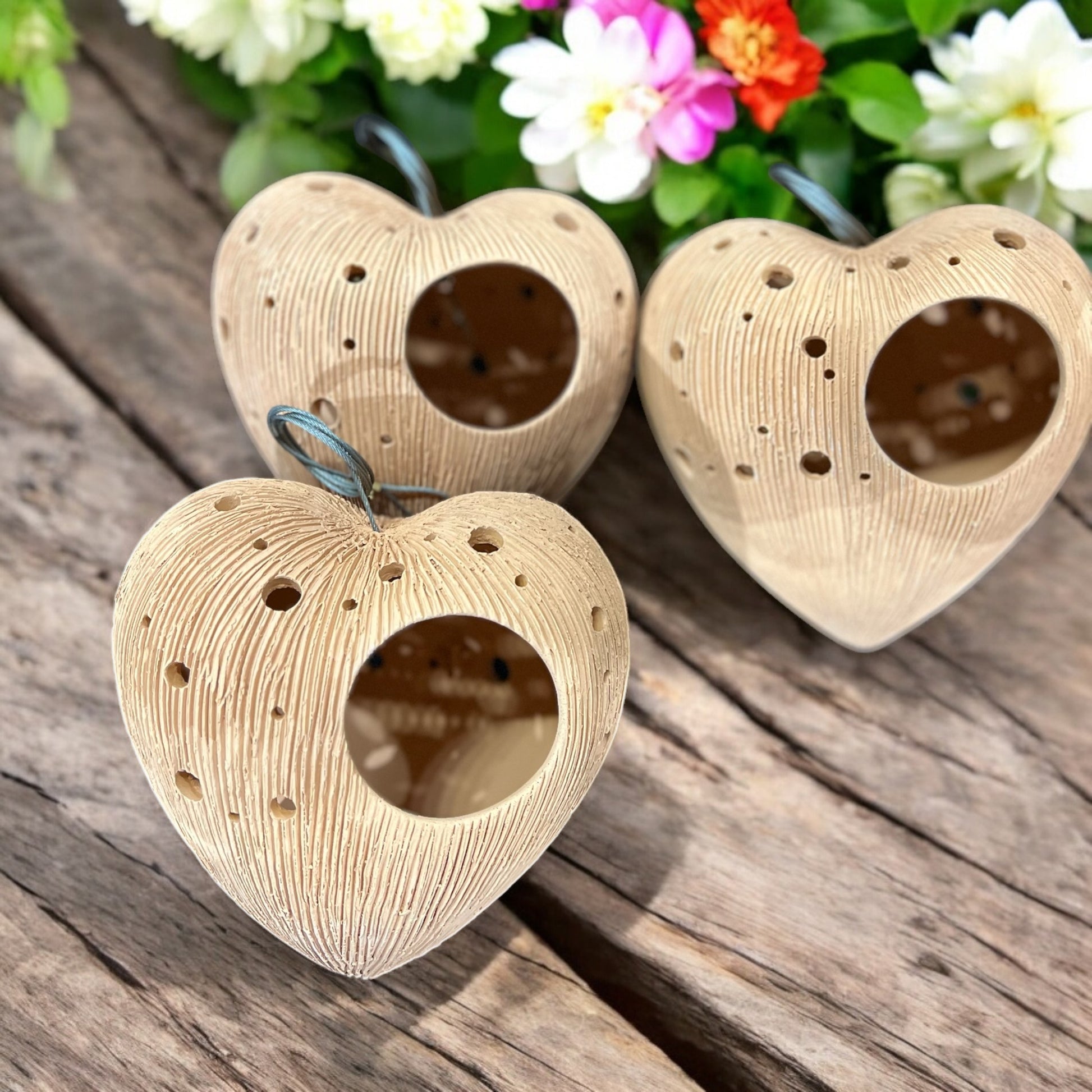 Three heart-shaped terracotta planters with flowers in the background