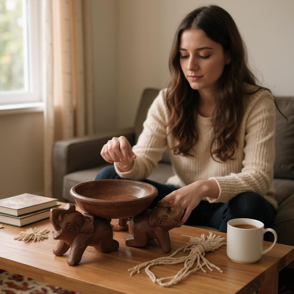 Woman sitting on a couch with a Triple Elephant Round Wood Tray Stand and cup on a coffee table.