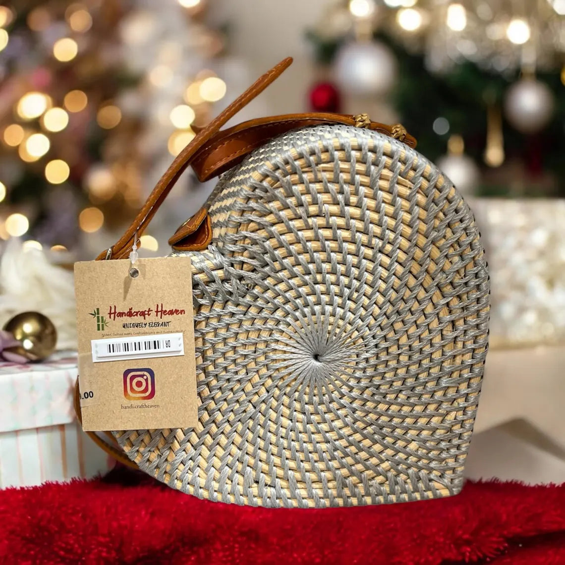 Handwoven heart-shaped rattan crossbody bag with leather strap – handmade boho purse