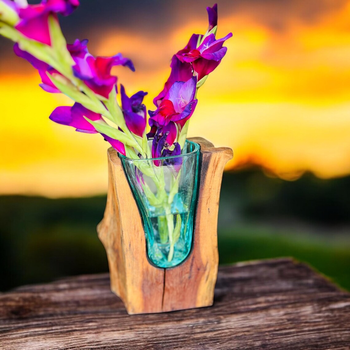 Glass-on-teakwood vase showing natural grain and organic form