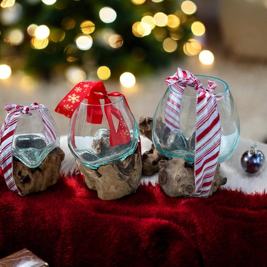 Artisan glass bowl molded to driftwood base – unique eco-friendly planter