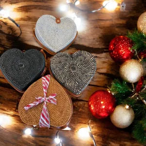 Handwoven heart-shaped rattan crossbody bag with leather strap – handmade boho purse