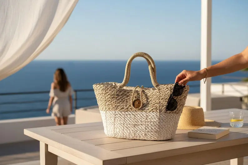 Woven bag on a table with a scenic ocean view in the background