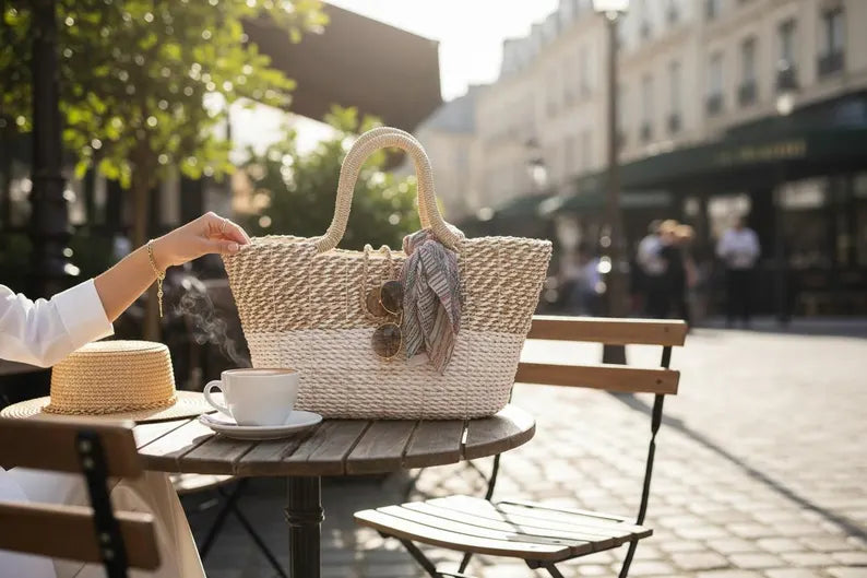 Person reaching for a woven bag on a table outdoors with blurred background