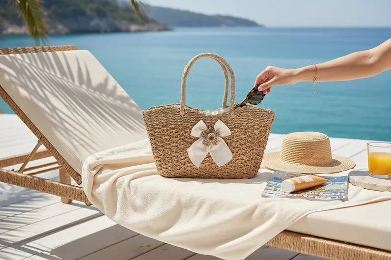 Woven bag with a decorative bow on a sun lounger by the sea
