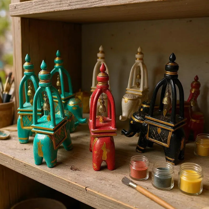 Colorful elephant decor with bells on a wooden shelf with paint jars and brushes.