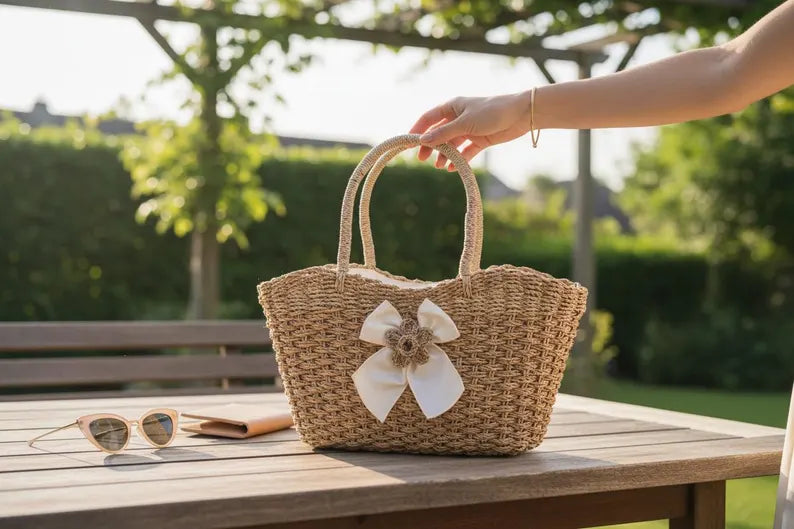 Woven handbag with a decorative bow on a wooden table outdoors