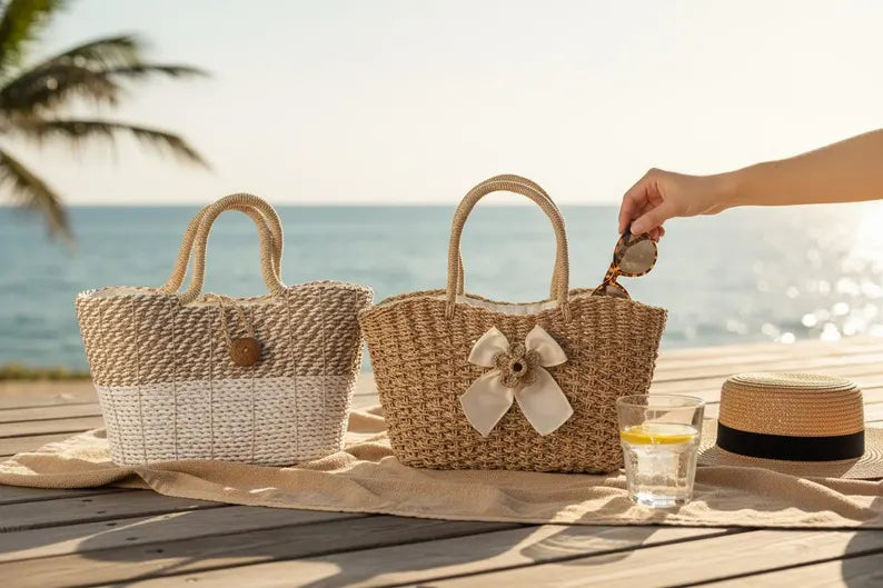 Two woven bags on a wooden surface with a beach in the background