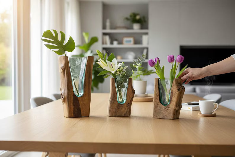 Three wooden vases with glass inserts holding plants on a table in a bright room.
