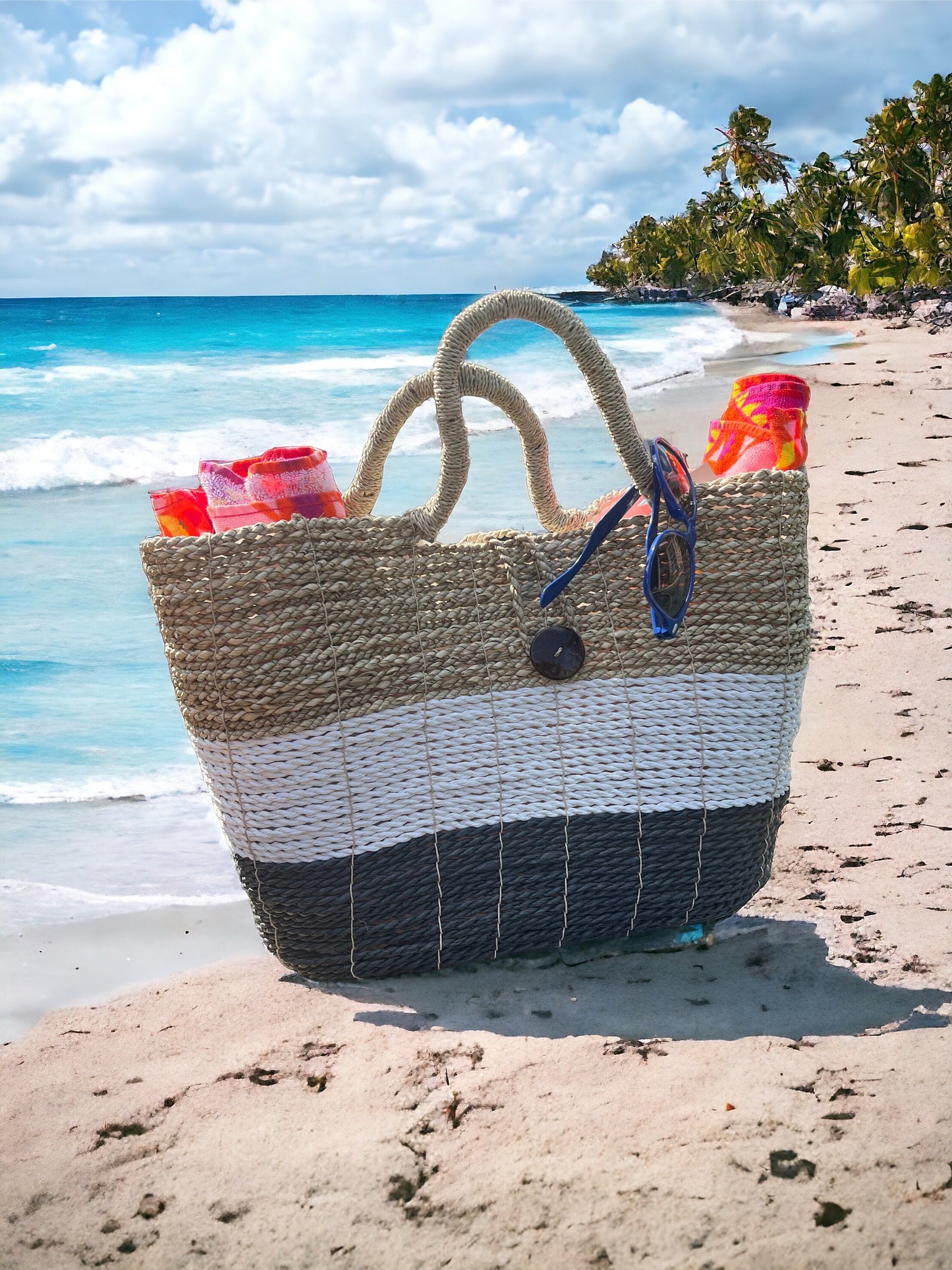 Handwoven Seagrass Beach Tote Bag, Color Block Basket Purse, Natural Fiber Summer Handbag, Coastal Boho Tote, Eco Friendly Gift