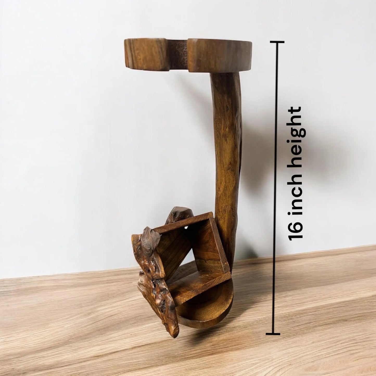 Rustic teakwood wine holder with wine bottle and glasses displayed