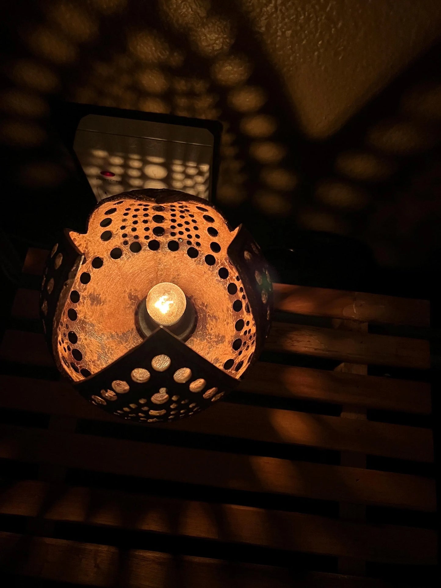Decorative Coconut Shell Lamp with casting a warm glow on a dark background.