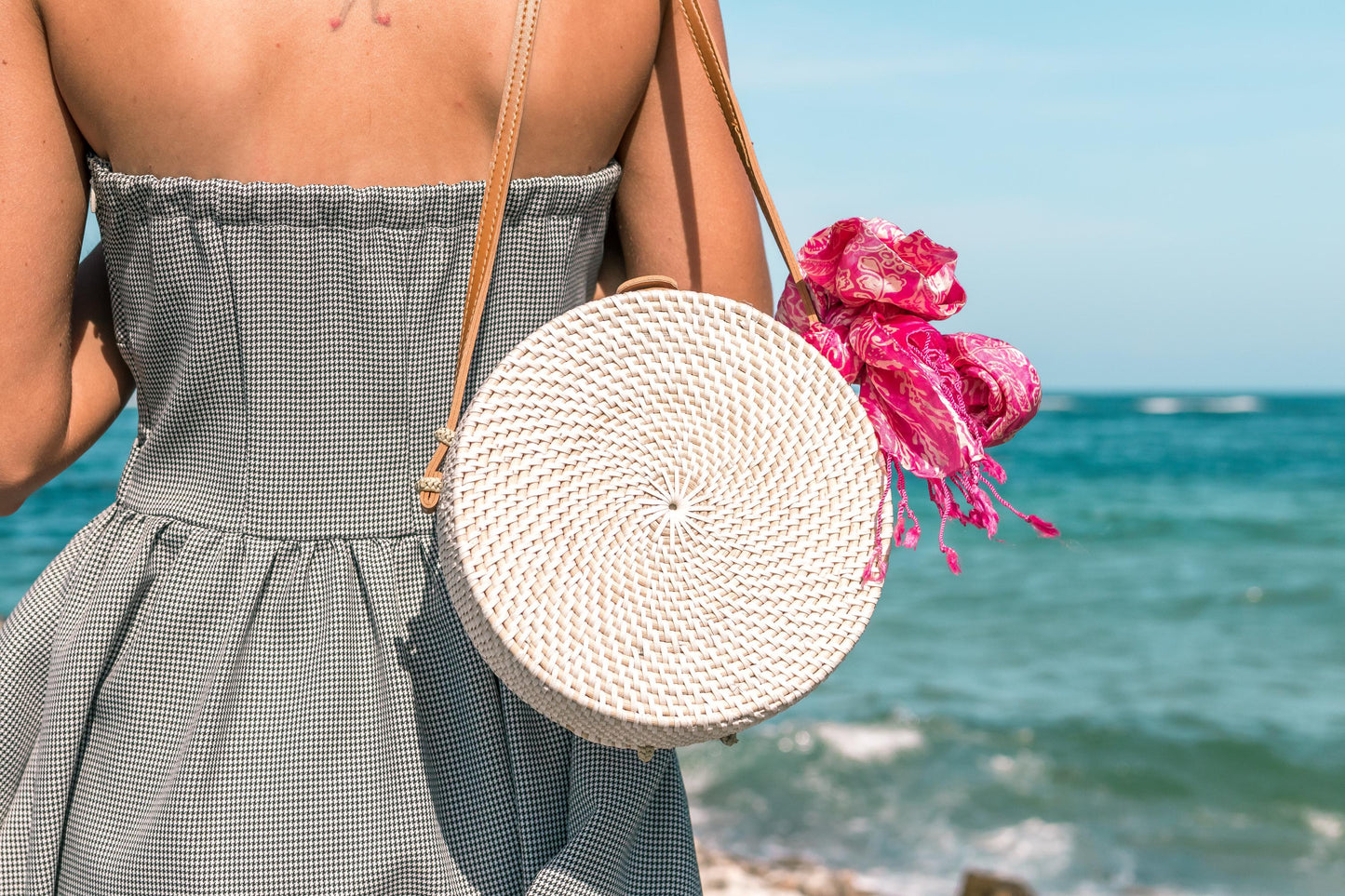 Round Rattan Crossbody Bag – Boho Straw Bag, Summer Beach Handbag with Batik Lining