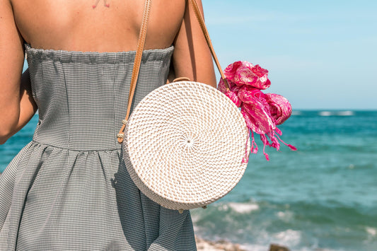 Bohemian Breeze – Handwoven Round Rattan Crossbody Bag with Batik Lining