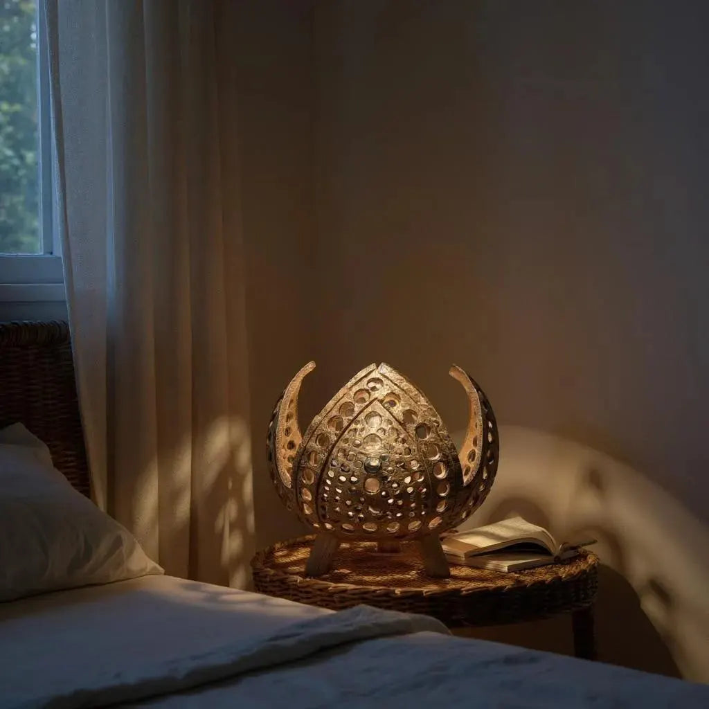 Decorative Coconut Shell Lamp on a bedside table with soft lighting
