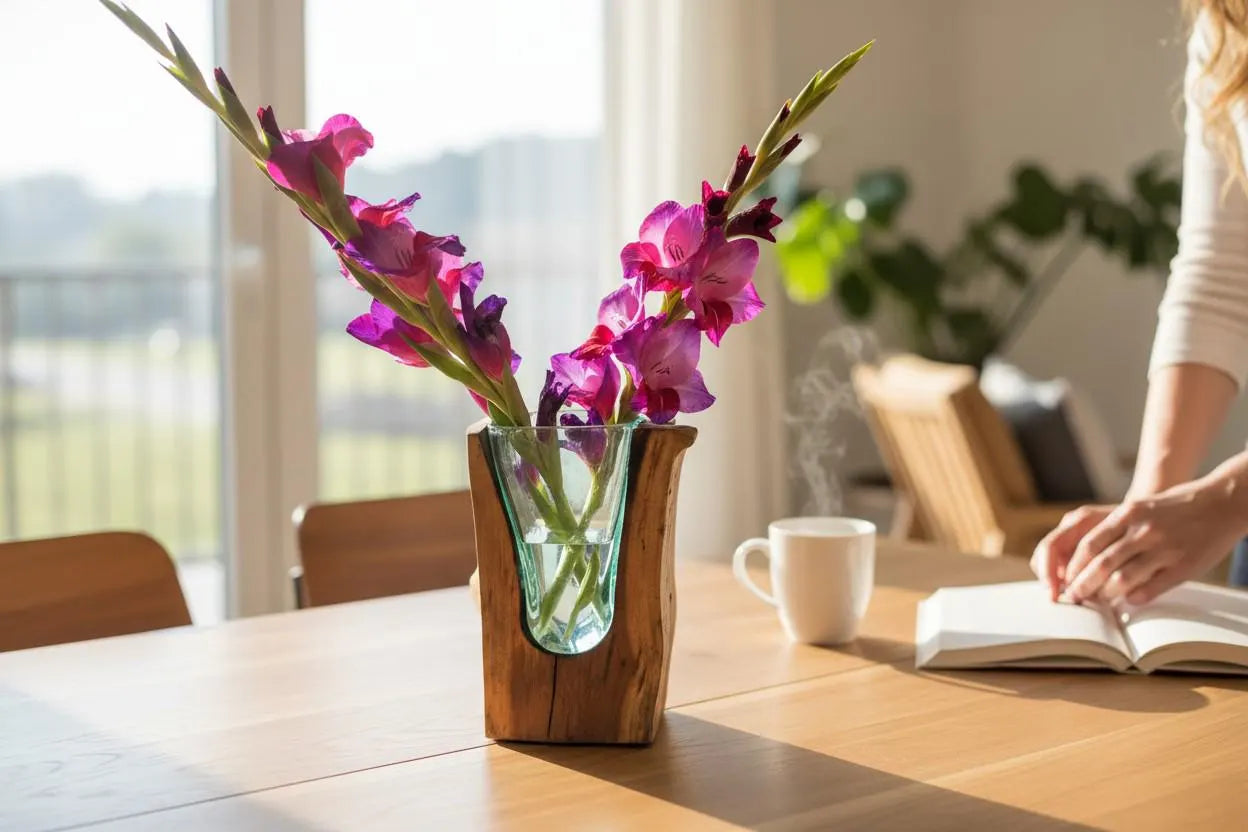 Vase with pink flowers on a table next to a cup and book, with a blurred background