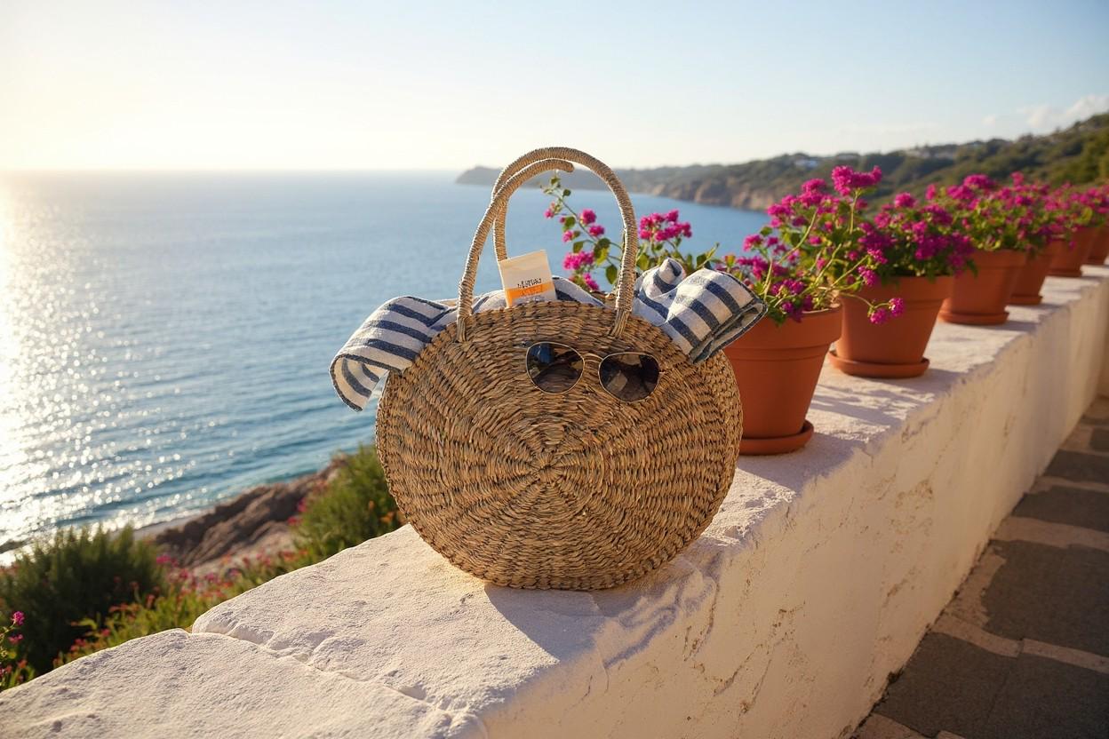 Woven basket with flowers and sunglasses on a ledge overlooking the ocean.