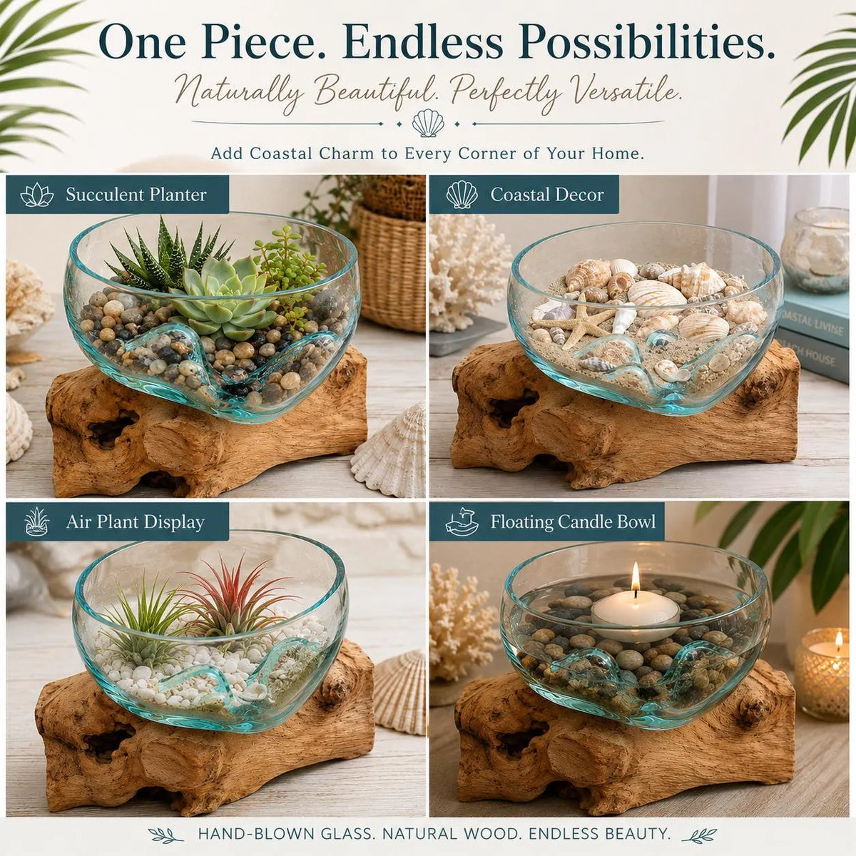 A four-panel collage showing different glass bowl planter designs displayed on natural wood driftwood bases, with decorative shells, plants, and candles. Large text at the top reads 'One Piece.