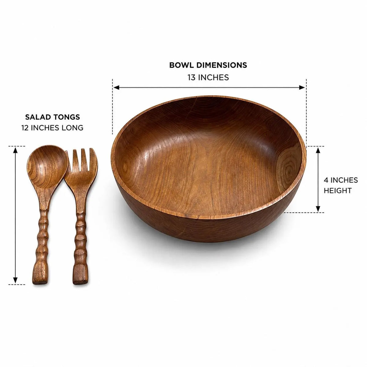 A wooden salad bowl with two matching wooden salad tongs on a white background, with dimension callouts showing the bowl as 13 inches in diameter, 4 inches high, and the tongs as 12 inches long.