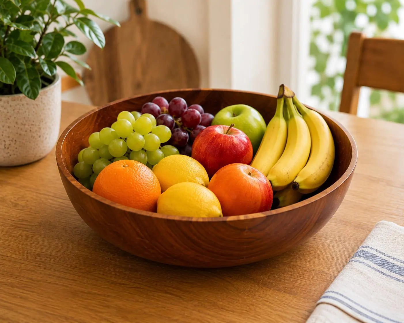 A round wooden bowl filled with fresh fruit, including grapes, an apple, bananas, oranges, and lemons, set on a wooden dining table in a bright room.