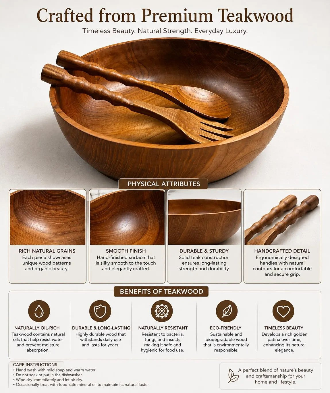 A wooden bowl made from multiple handcrafted teakwood pieces, displayed on a light beige background with descriptive text detailing its natural grain, smooth finish, durability, and care instructions.