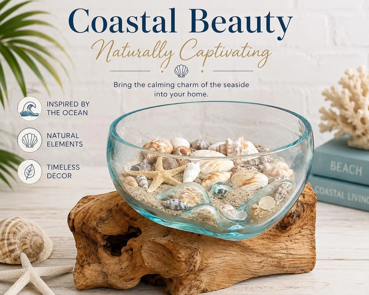 Hand blown glass bowl on driftwood - Coastal Decor