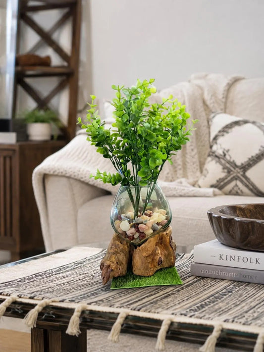 Hand-blown glass bowl on natural driftwood