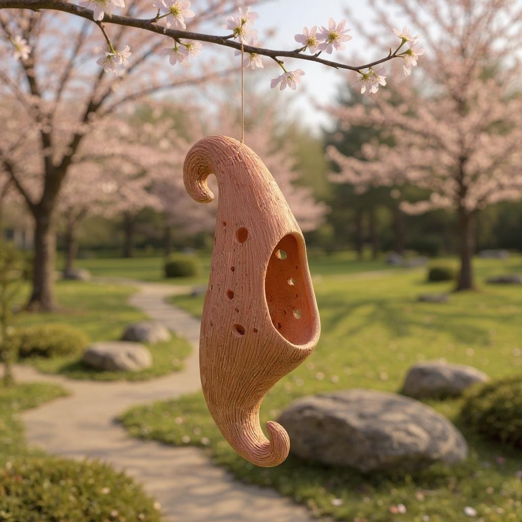 Terracotta pots hanging from a cherry blossom tree in a park