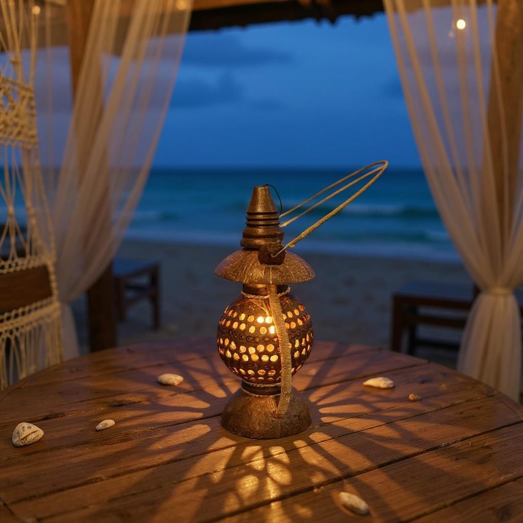 Decorative Coconut shell lantern on a wooden table with ocean view at dusk