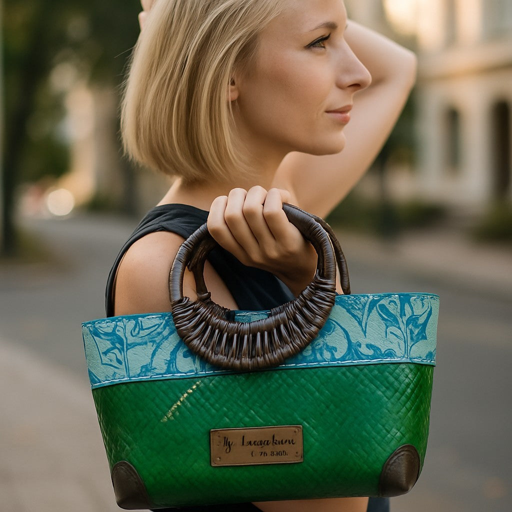 Green Handwoven straw bag with bamboo handle and silk border detail