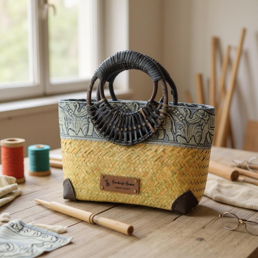 Natural Handwoven straw bag with bamboo handle and silk border detail