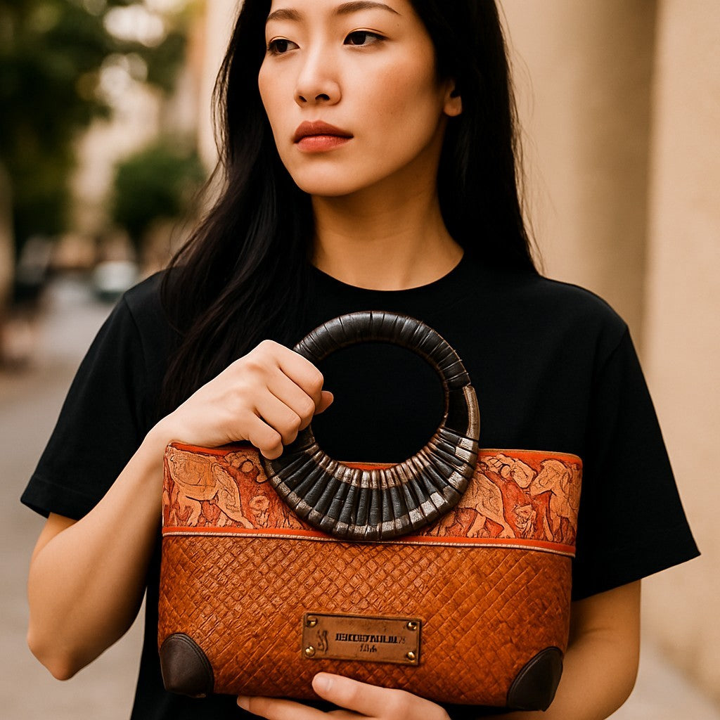 Orange Handwoven straw bag with bamboo handle and silk border detail