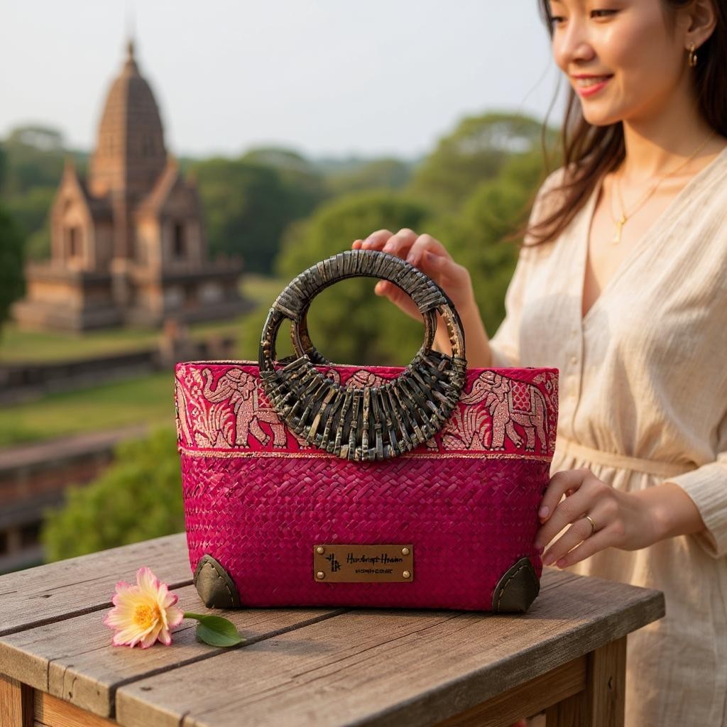 Pink Handwoven straw bag with bamboo handle and silk border detail