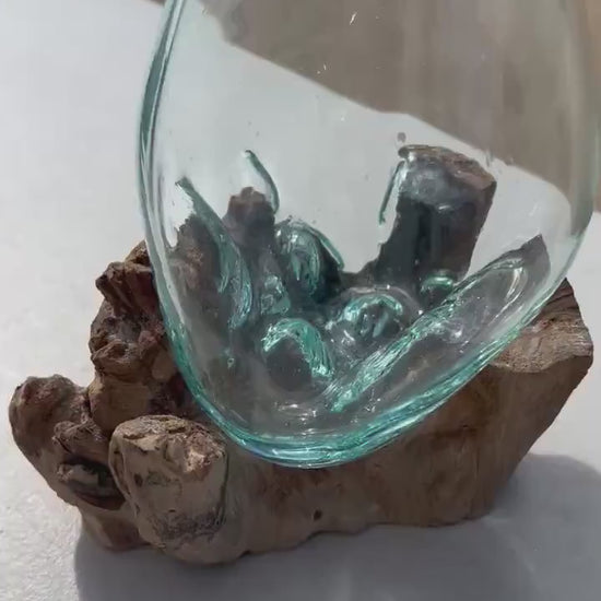 Artisan glass bowl molded to driftwood base – unique eco-friendly planter