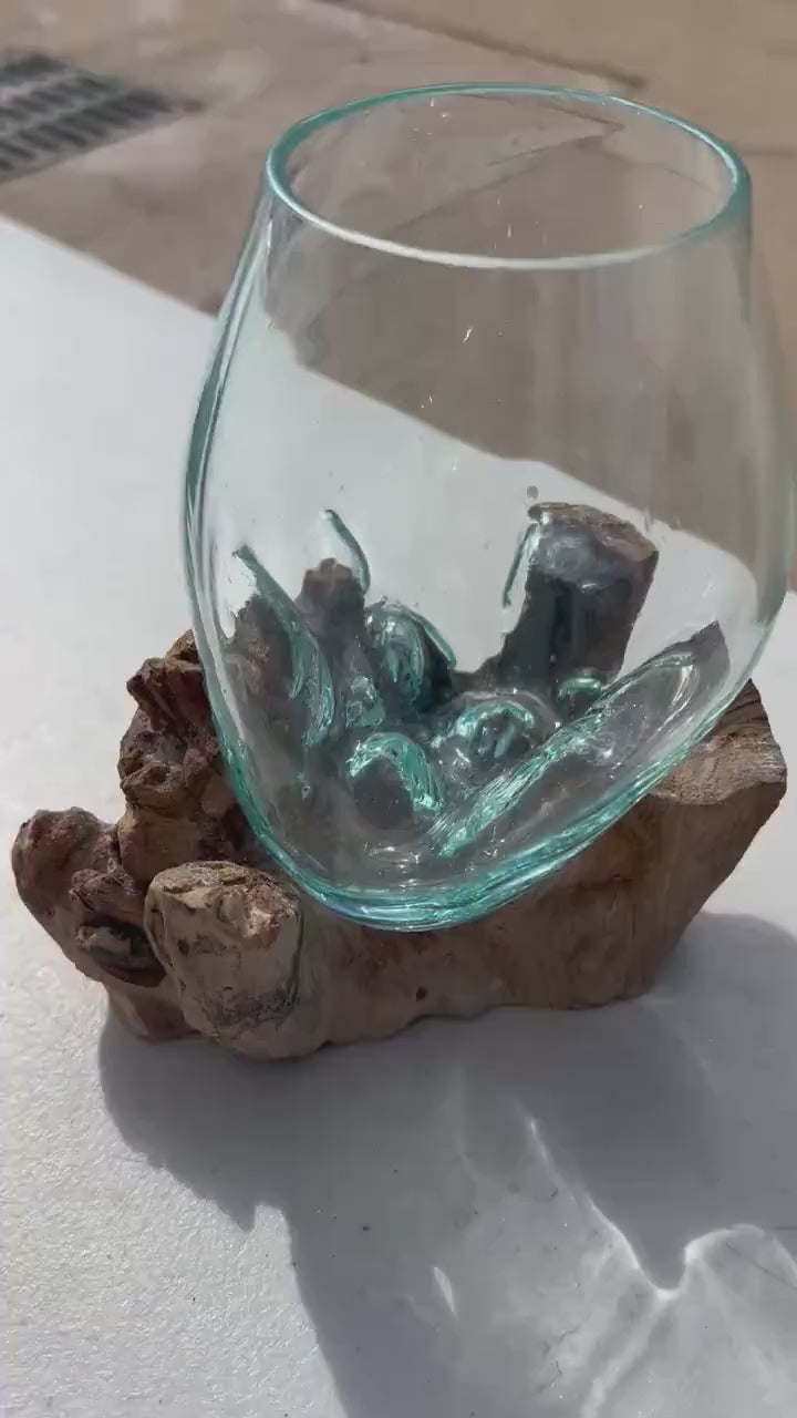Artisan glass bowl molded to driftwood base – unique eco-friendly planter