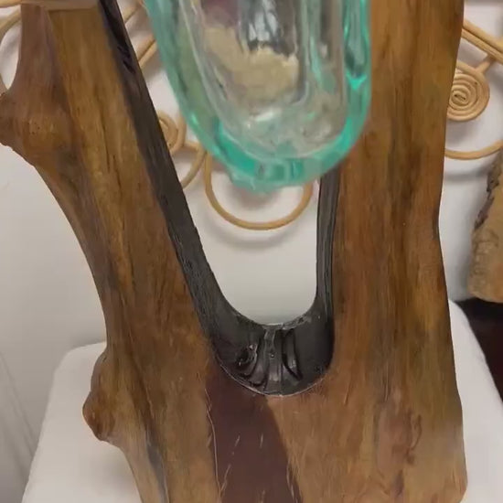 Melted glass formed over reclaimed teakwood – unique handmade vase sculpture