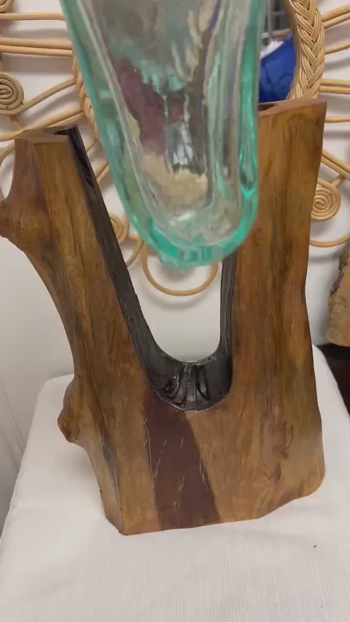 Melted glass formed over reclaimed teakwood – unique handmade vase sculpture