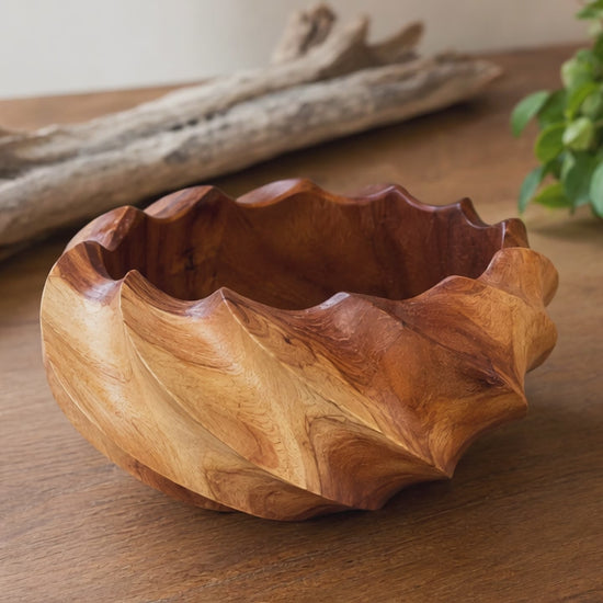 Set of 2 sculptural teakwood serving bowls with carved design