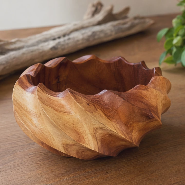 Set of 2 sculptural teakwood serving bowls with carved design