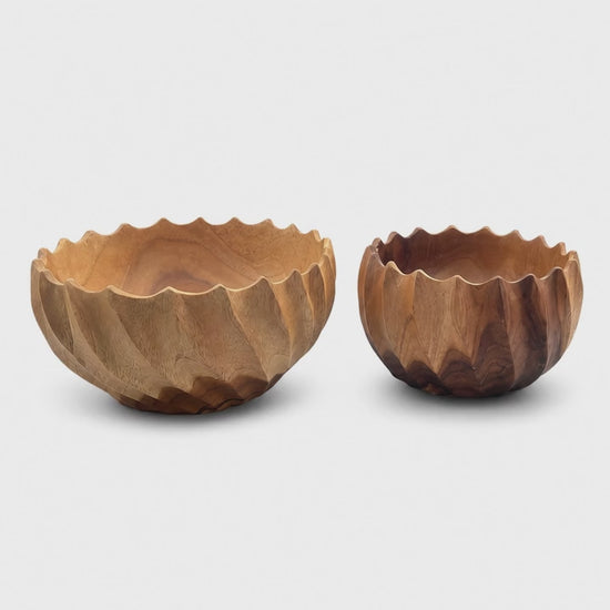 video of Set of 2 fluted teakwood serving bowls in large and small sizes