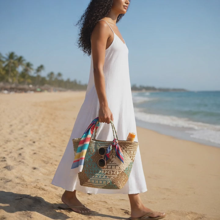 woman walking with tote beach bag