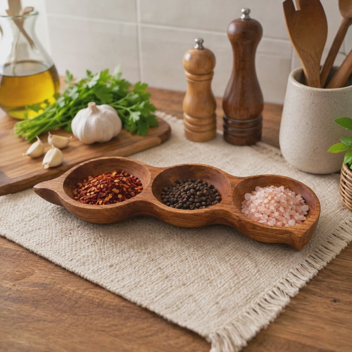 Pea-shaped teakwood 3-section serving tray for snacks and appetizers