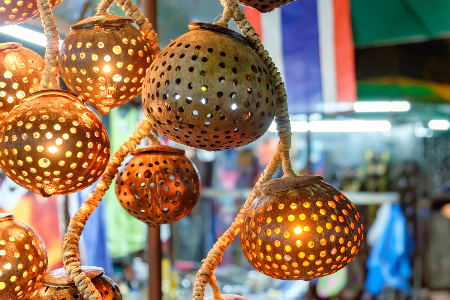 Decorative coco string lights with a blurred background