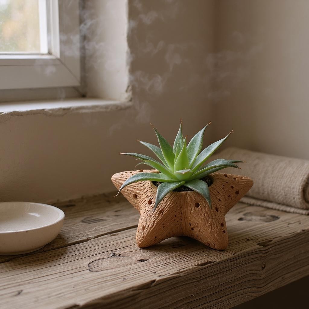 Star-shaped Terracotta pots with a succulent plant on a wooden surface near a window.