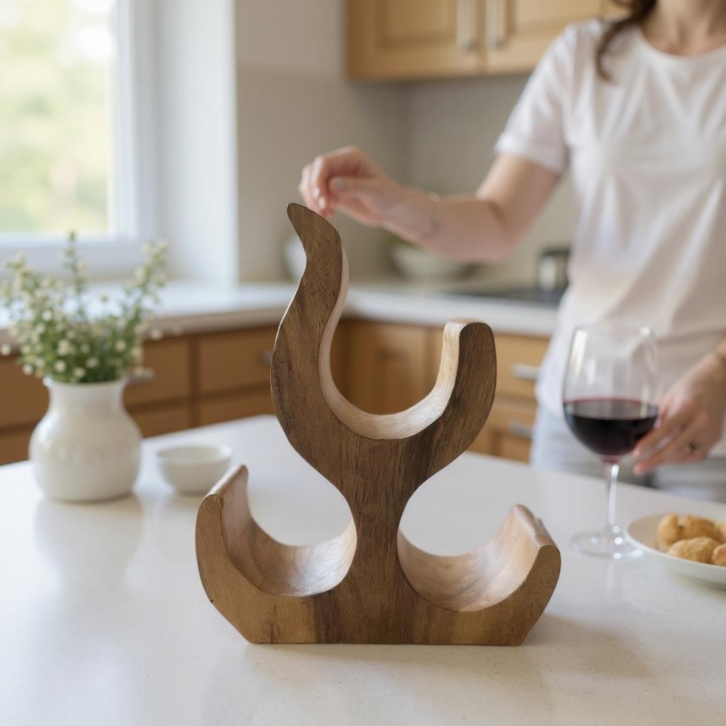 Wooden 3 wine holder on a kitchen counter with a person and wine glass in the background.