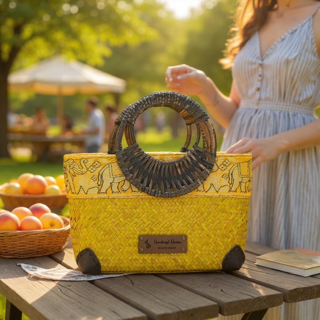Yellow Handwoven straw bag with bamboo handle and silk border detail